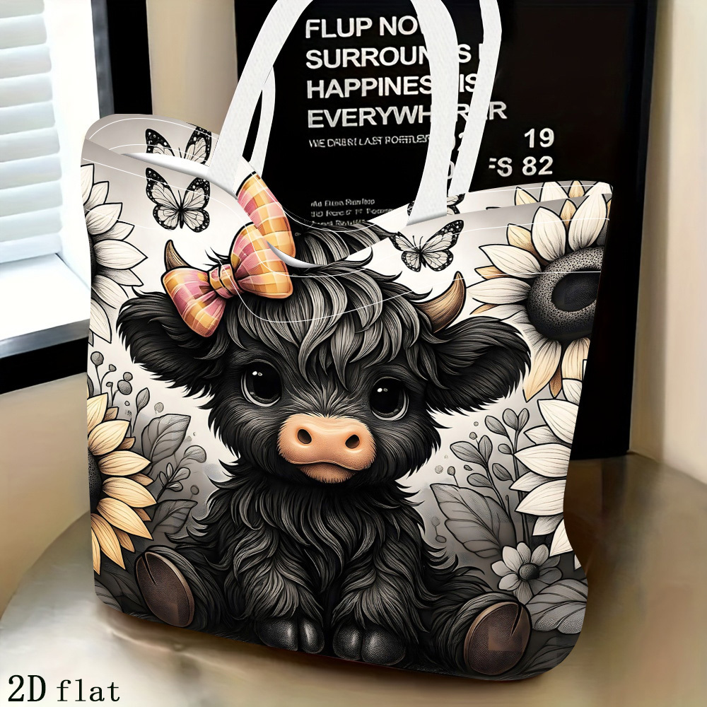 TEMU 1pc Christmas Halloween Women's Handbags, Double-sided Printed Vintage Highland Cow Tote Bag - Large Capacity Adjustable Shoulder Strap Shoulder