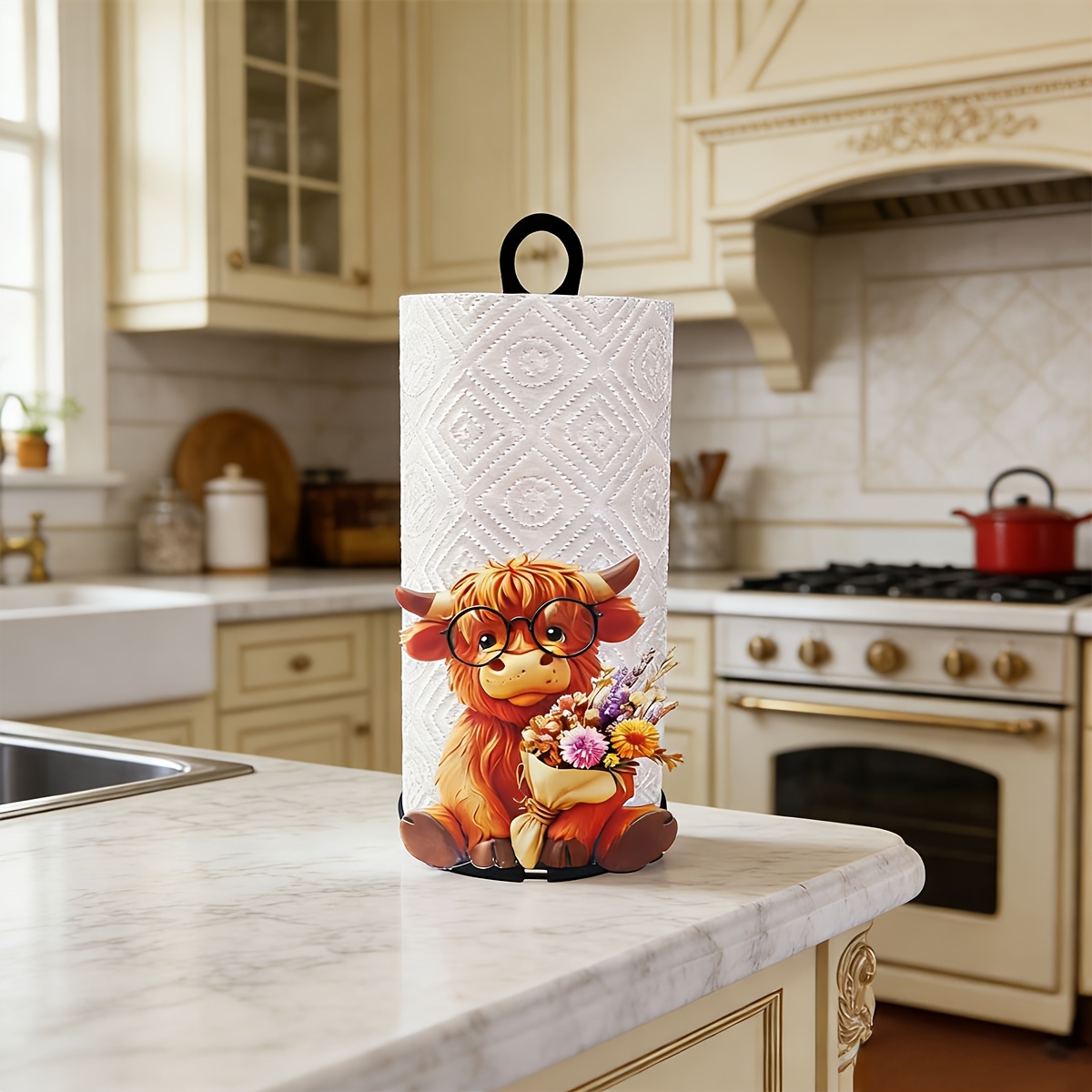 TEMU 2d Flat Acrylic Highland Cow With Glasses And Bouquet Tissue Holder | Vertical Storage Rack With Sturdy Acrylic Base, Kitchen Countertops,