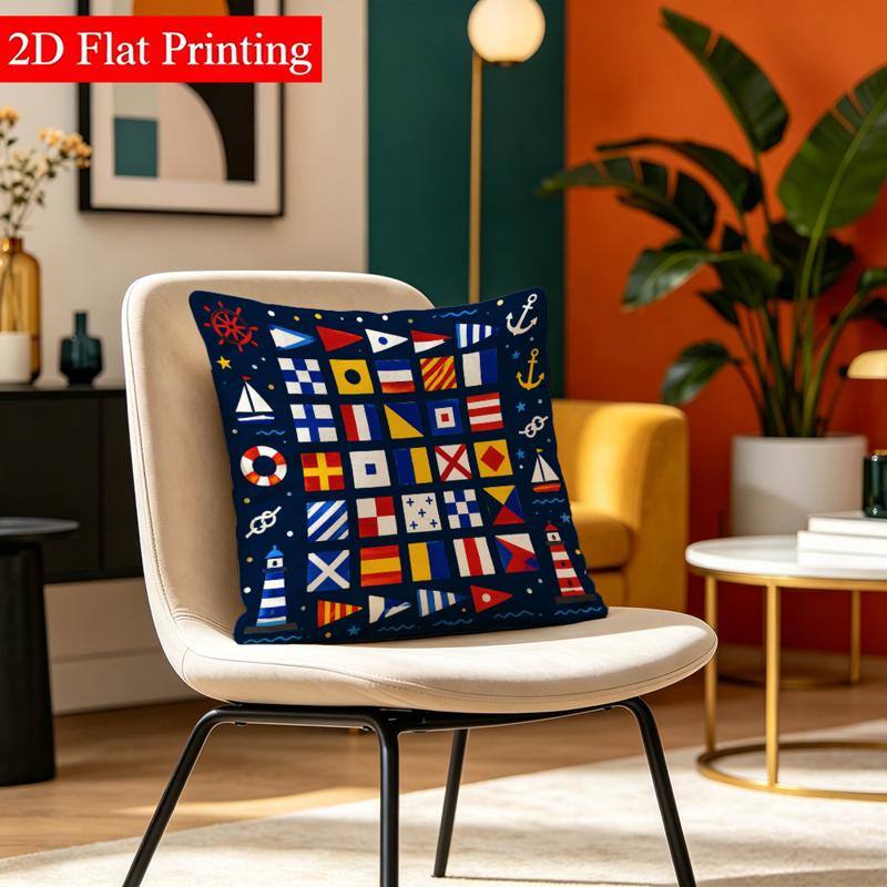 TEMU 1pc 2d Flat - Printed Double-sided Pillowcase, No Pillow Insert, 17.71×17.71 Inches, Nautical & Signal Flags Pattern, Dark Blue, Modern Home