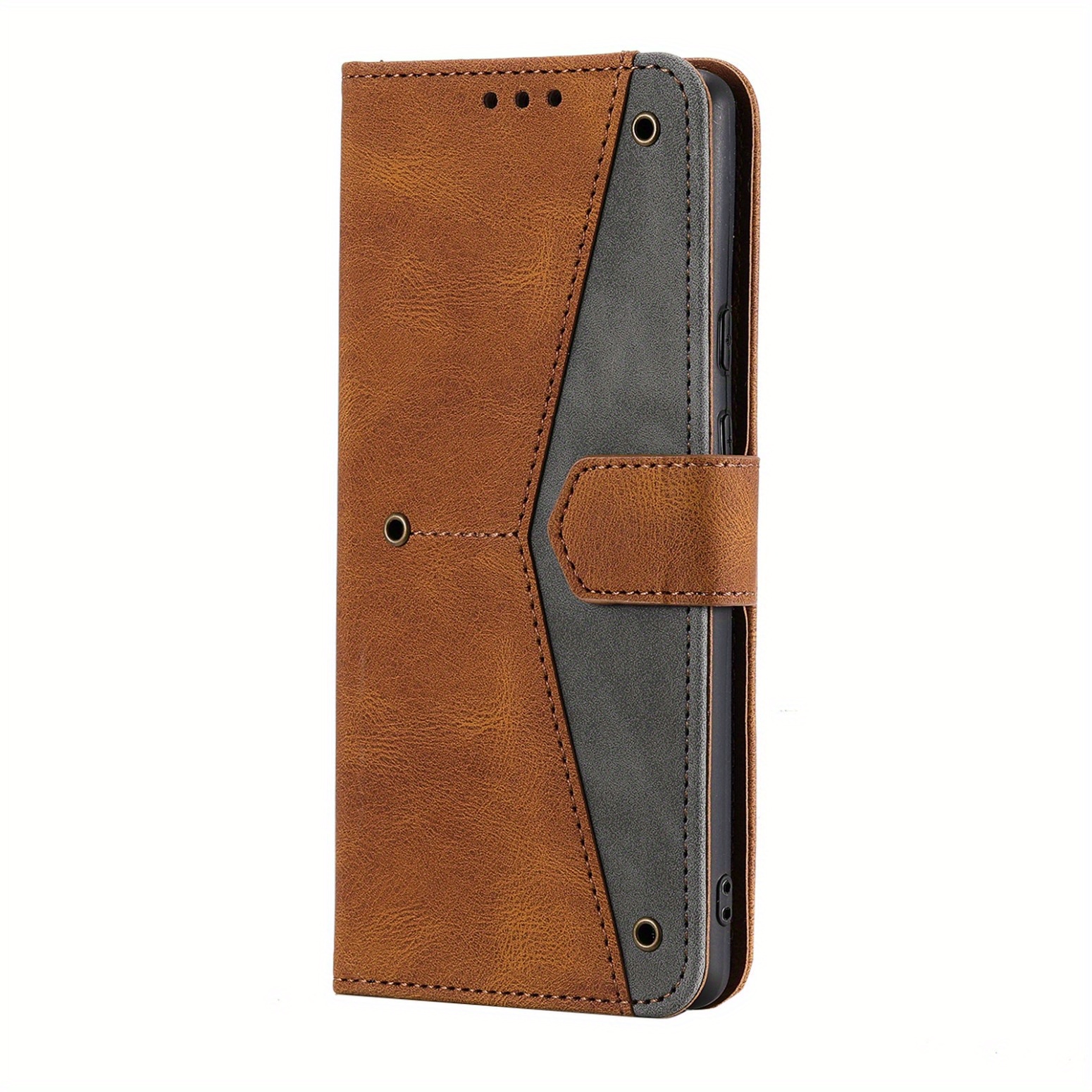 TEMU Phone Case - Brown Studded Faux Leather Stylish Minimalist Creative Stand Wallet Case For Iphone 16 E/16 Pro Max/15 Plus/14 Pro/13/12/11