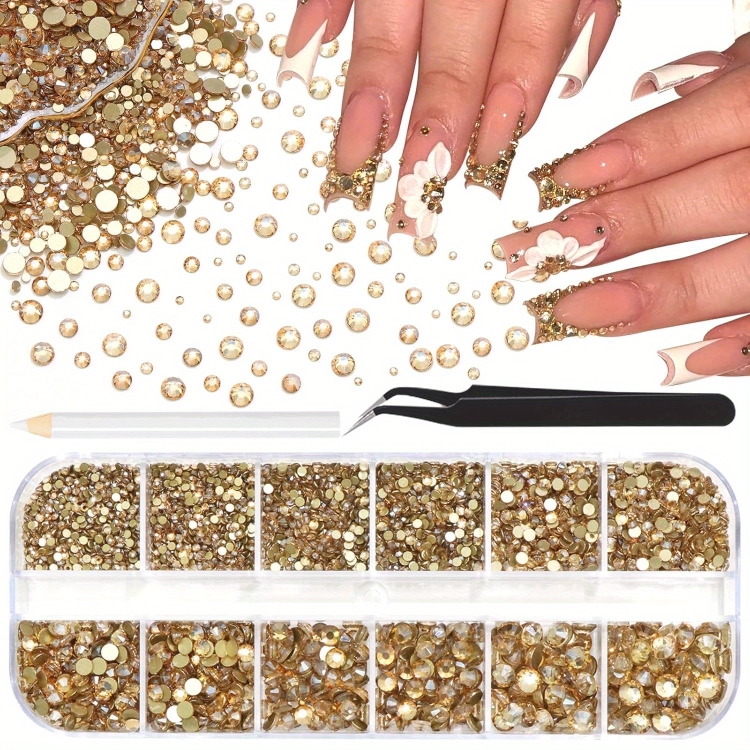 E-shop 4000 Stück Champagner Goldene Flatback Strasssteine für Bastelarbeiten, 6 Größen Goldene Kristall Strasssteine für Nagel Edelsteine Glitzer Glas