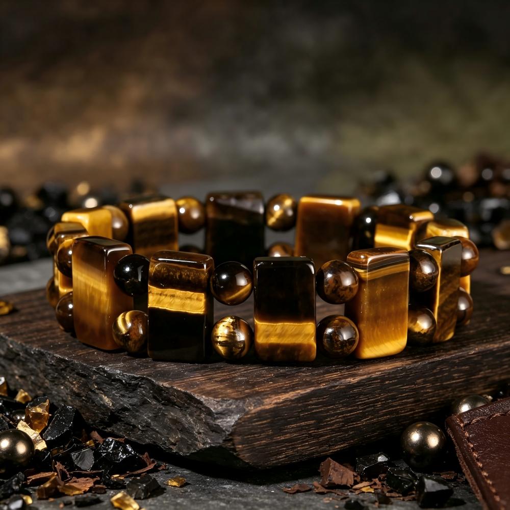 TEMU 1 pièce Bracelet LOMUINE en d'œil de tigre naturelle - Élastique extensible avec perles d'œil de tigre, perles rectangulaires 10x15mm et rondes