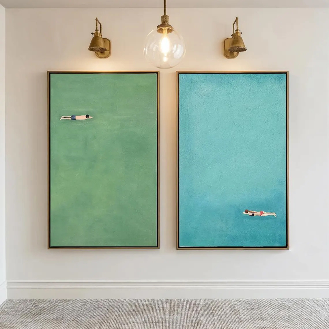 TEMU 2d Flat, 2d Flat, 2pcs Set, Wall Art, Retro Poster, Swimming Art Print, Canvas Painting Of Men And Women Swimming Sea, Frameless, Unique And