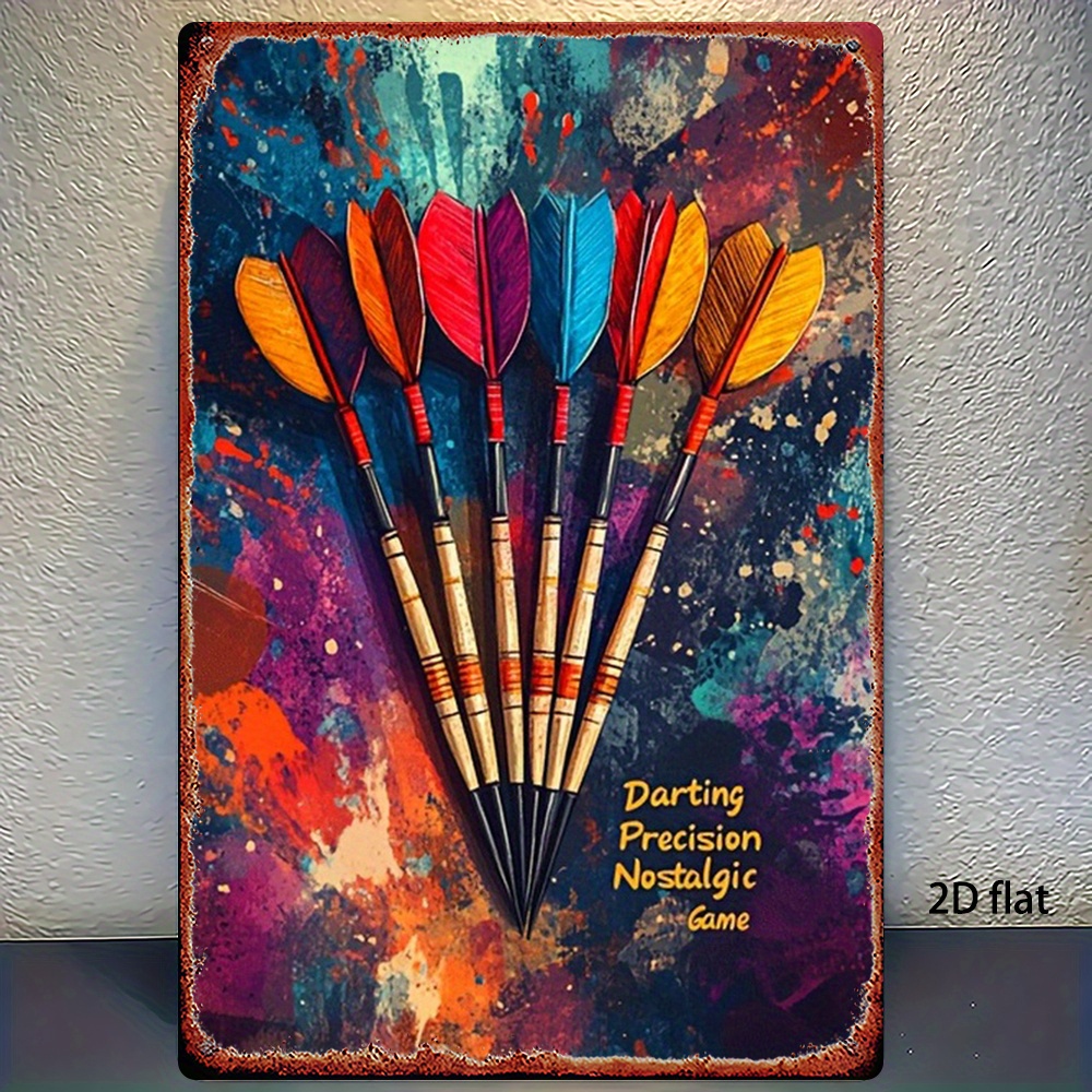 TEMU 2d Flat - 2d Plane Retro Dart Metal Wall Decor - Colorful Feather Darts And Water Iron Painting 8x12 Inches (20x30 Cm) Home Garden Farmhouse