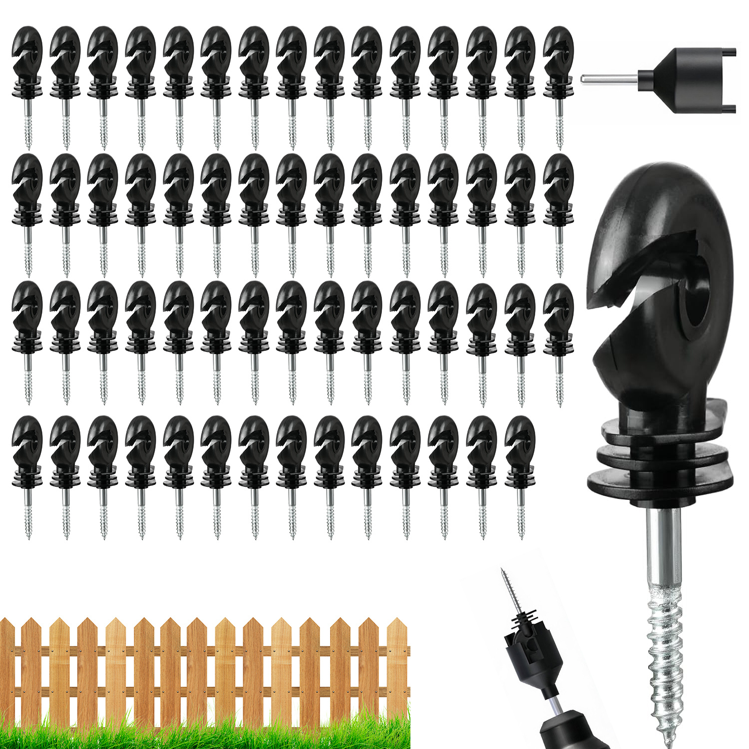 Image of 60pcs Electric Fence Screw Insulators, Ring Type For Wooden Posts, & Rainproof, Durable Fence Installation Accessories