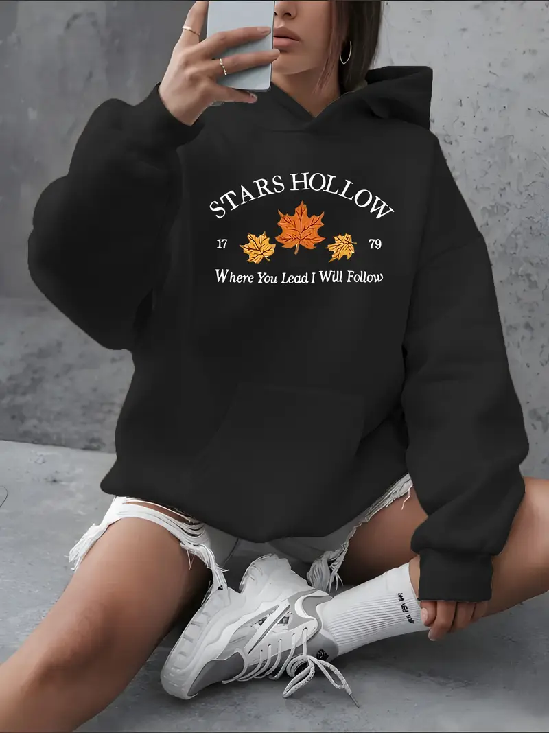 Black Women'S Pink "Stars Hollow" Graphic Hoodie - Cozy Fall & Winter Casual Pullover with Maple Leaf Design