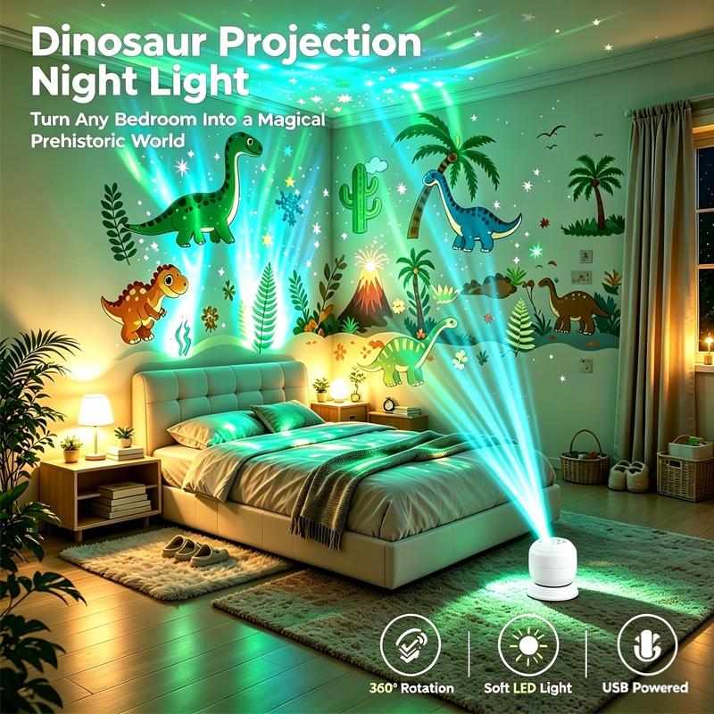 TEMU USB Dinosaur Dynamische Projectielamp, LED Dinosaur Bos Thema Elementen, 360-Graden Draaibare en Verstelbare Projectielamp, USB Draagbaar Zacht