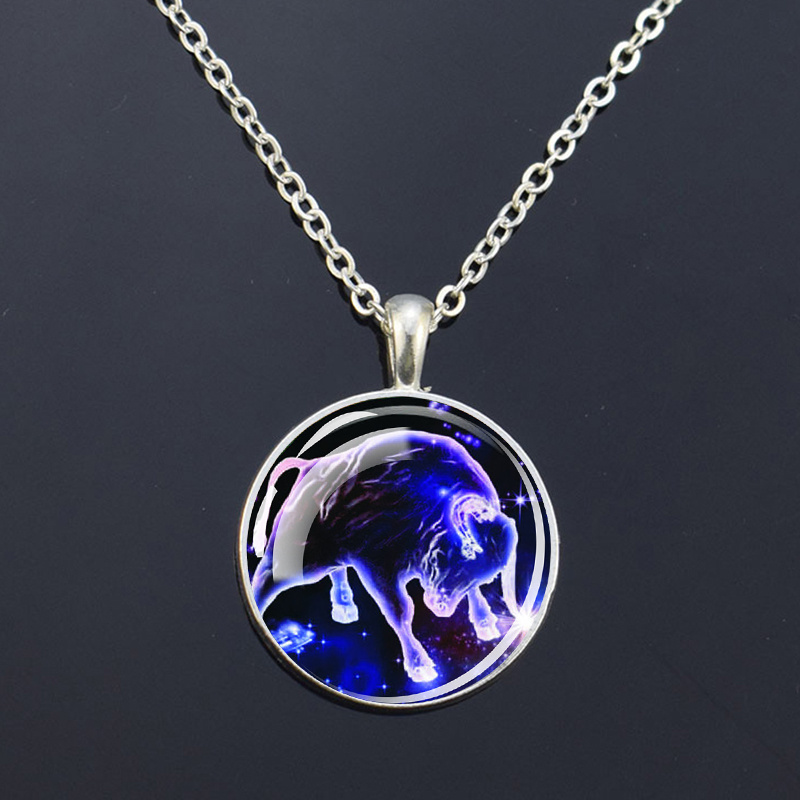 TEMU 1pc Romantic And Purple 12 Constellation Silvery Necklace Exquisite And Fashionable Single Sided Glass Adhesive Circular Pendant Constellation