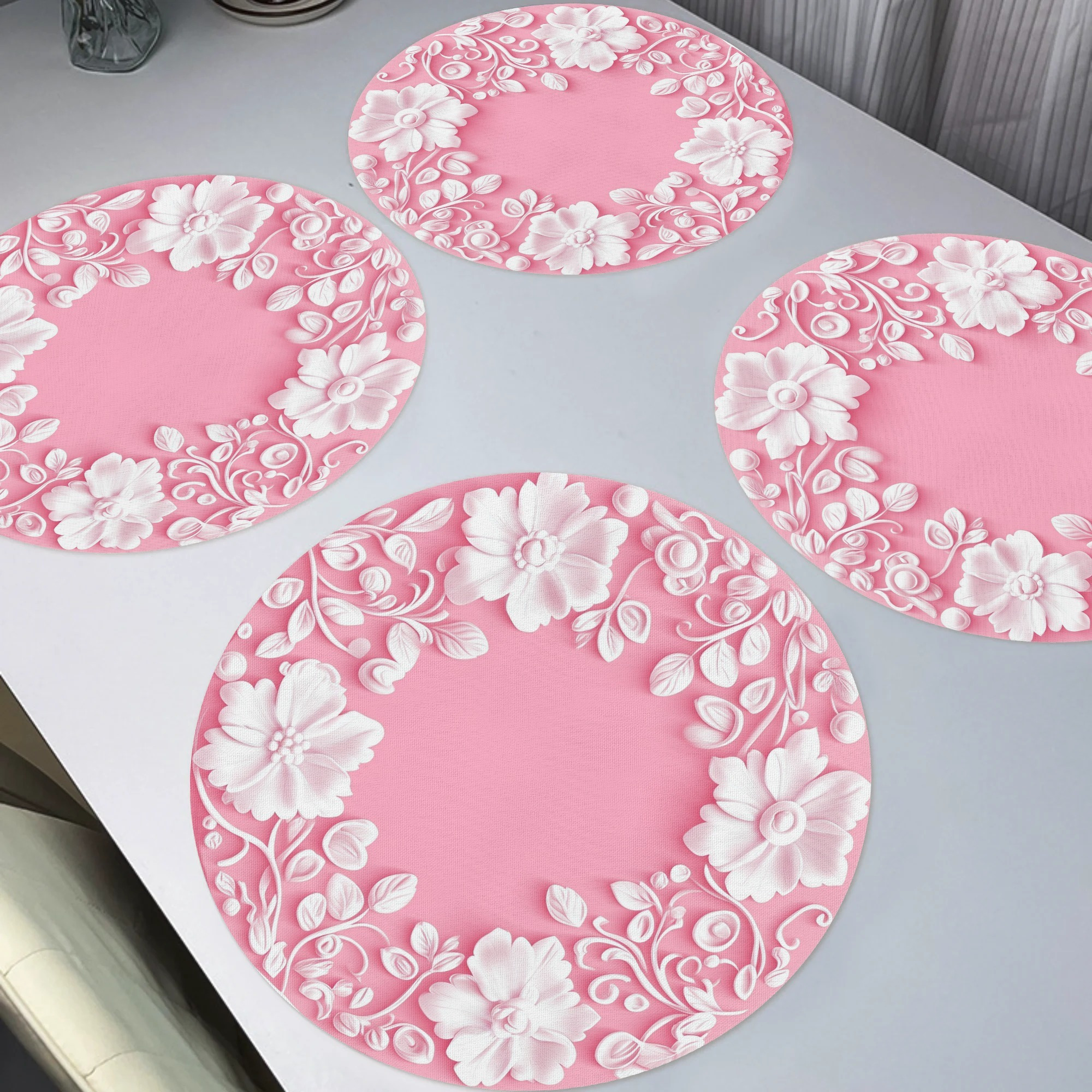 

4-pack Pink Floral Placemats, 15" Round Woven Polyester Table Mats, Non-slip Washable Dining Decor For Home, Kitchen, Banquet, Party