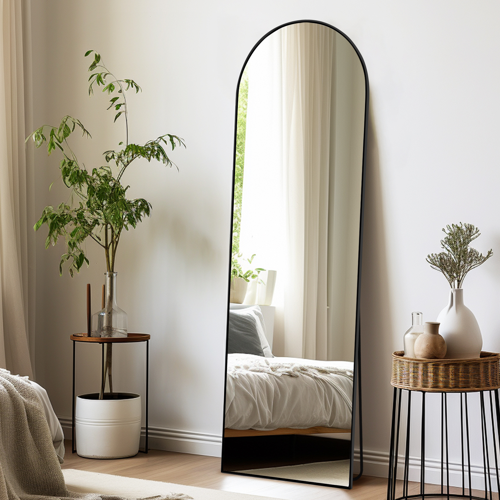 Large Arched Full-Length Mirror - Oversized Floor-Standing Bathroom Mirror with Polished Glass, Wall-Mounted or Leaning Design for Bedroom, Entryway, Hallway - Black, Bathroom Mirrors for Wall, Bedroom Mirror, Modern Arched Mirror, Elegant Frame