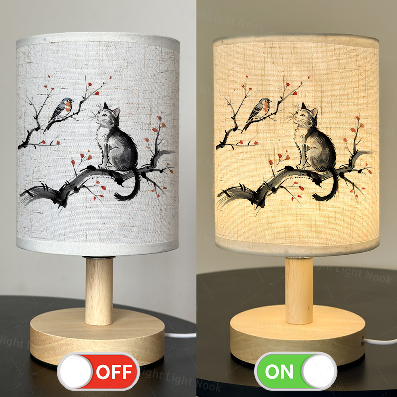 KLL Japanese Lucky Cat Touch Table Lamp – 3-Level Dimming, USB & Outlet, Fabric Shade, Bulb Included, For Bedside & Desk