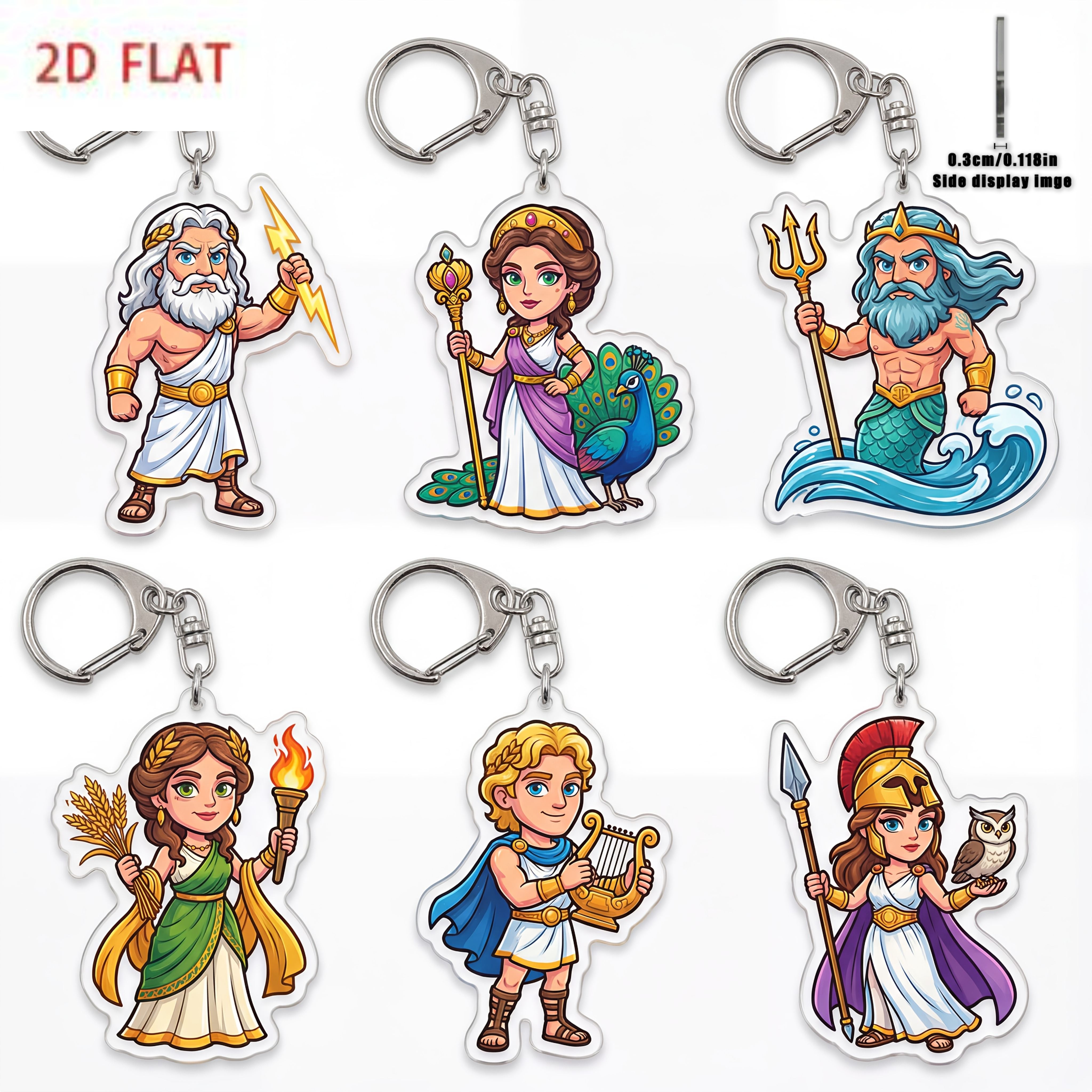 TEMU Plat 2D, Lot de 6 porte-clés plats 2D en acrylique Chibi et mythologie grecque | Design Kawaii, chaîne en fer, convient pour Thanksgiving, Noël,