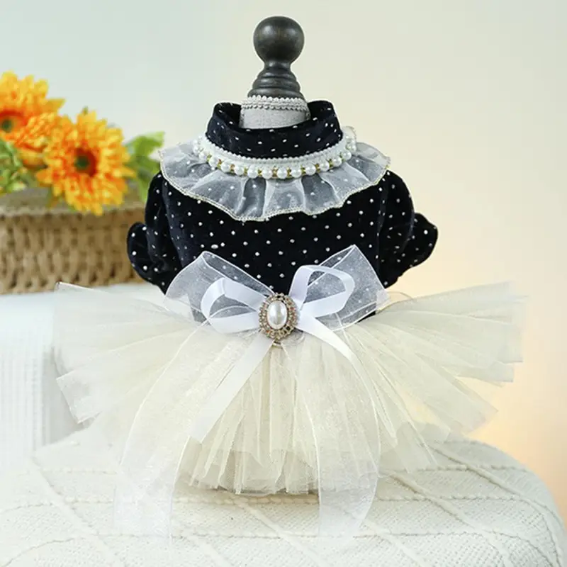 1pc princess dog dress pearl bow tulle skirt polyester knit - Temu 1pc princess dog dress pearl bow tulle skirt polyester knit - Temu