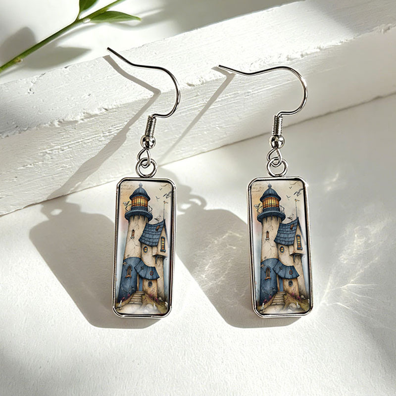 Women's Coastal Lighthouse Cottage Stainless Steel Drop Earrings