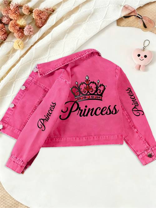item picture girls princess denim jacket light blue denim lapel single breasted jacket delicate and princess slogans printed on the back and sleeves comfortable denim fabric suitable for daily wear dating and
