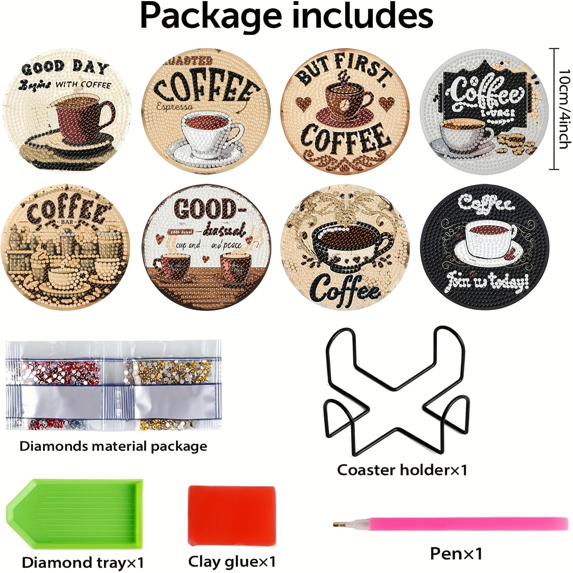 TEMU Lot de 8 sous-verres et support pour peinture diamant café vintage, adaptés pour l'artisanat DIY, protège-tables ronds avec support, kit de