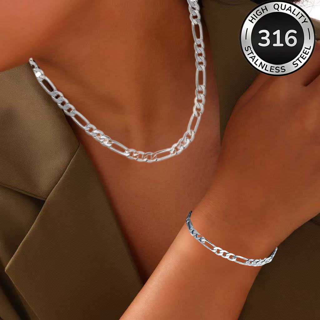 TEMU New 2pcs Necklace And Bracelet Set, Bracelet For Men And Women, White Golden-plated K Flat Side Bracelet Jewelry, Stylish And Versatile Cuban