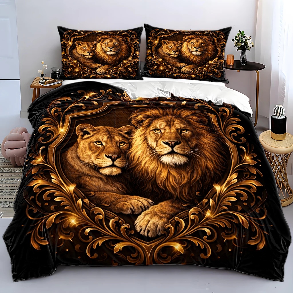 TEMU 3pcs Lion Themed Duvet Cover Set, Bedding 3pcs Set (1*duvet Cover   2*pillowcases), Suitable For , Machine Washable, Double Bedding With Hidden