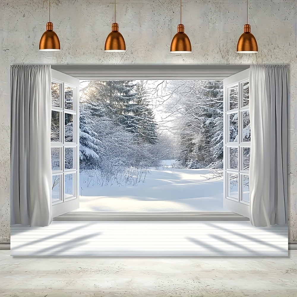 Christmas Backdrop, Snowflake Forest Scene with Window View