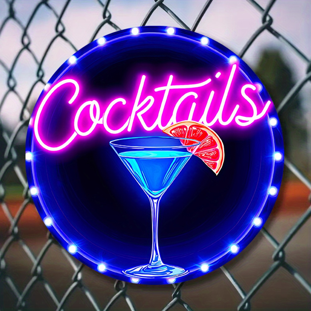 E-shop 2D Flach, 1 Stück Neon "" Metall Wandschild - 20cm Rundes Martini-Glas & Limettenscheibe Design mit blauem Leuchtrand, Langlebiger Eisen