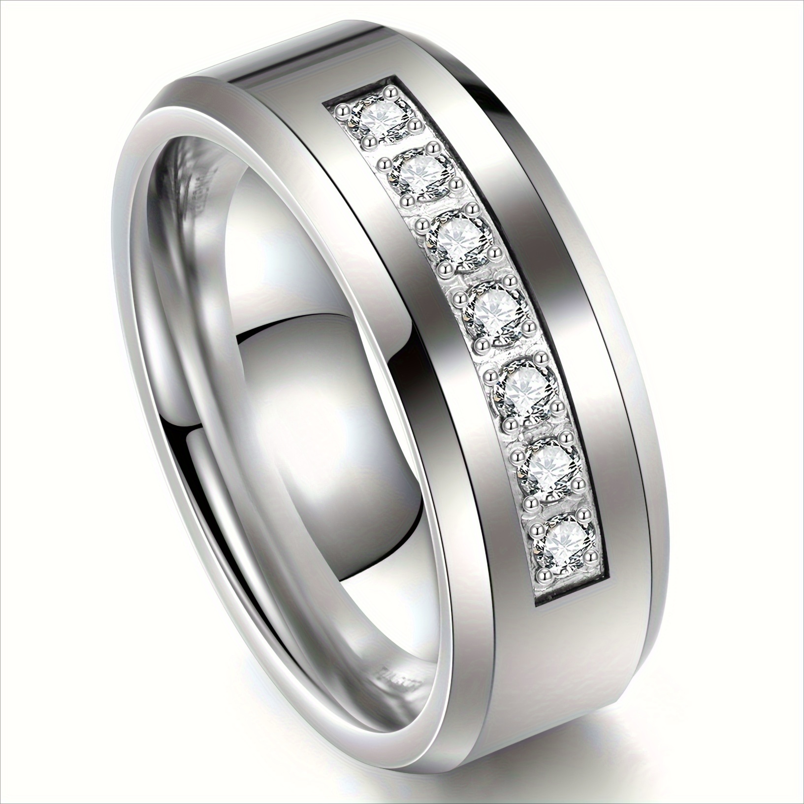 

Men' 8mm Silvery Ring With Cubic Zirconia - Us Sizes 7-13, Includes Flannel Bag