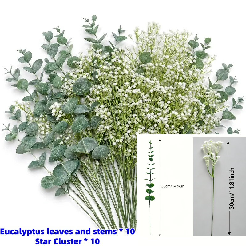 TEMU Set di composizioni artificiali da 20 pezzi, rami di eucalipto argentato-verde e di fiori simulati di baby's breath, decorativi realistici con