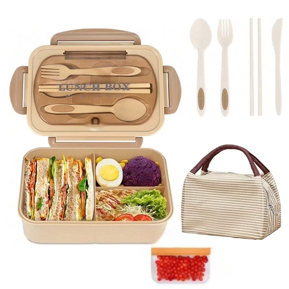 TEMU 8pcs Leak-proof Lunch Box Set, Including Cutlery, 3 Compartments, And Food Storage Containers. Bpa-free, The Office, Kitchen, Camping, And