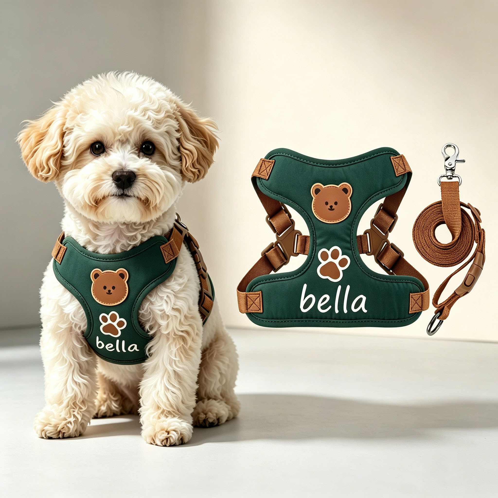 Solid Color Bear Pattern Dog Harness and Leash Set, Adjustable