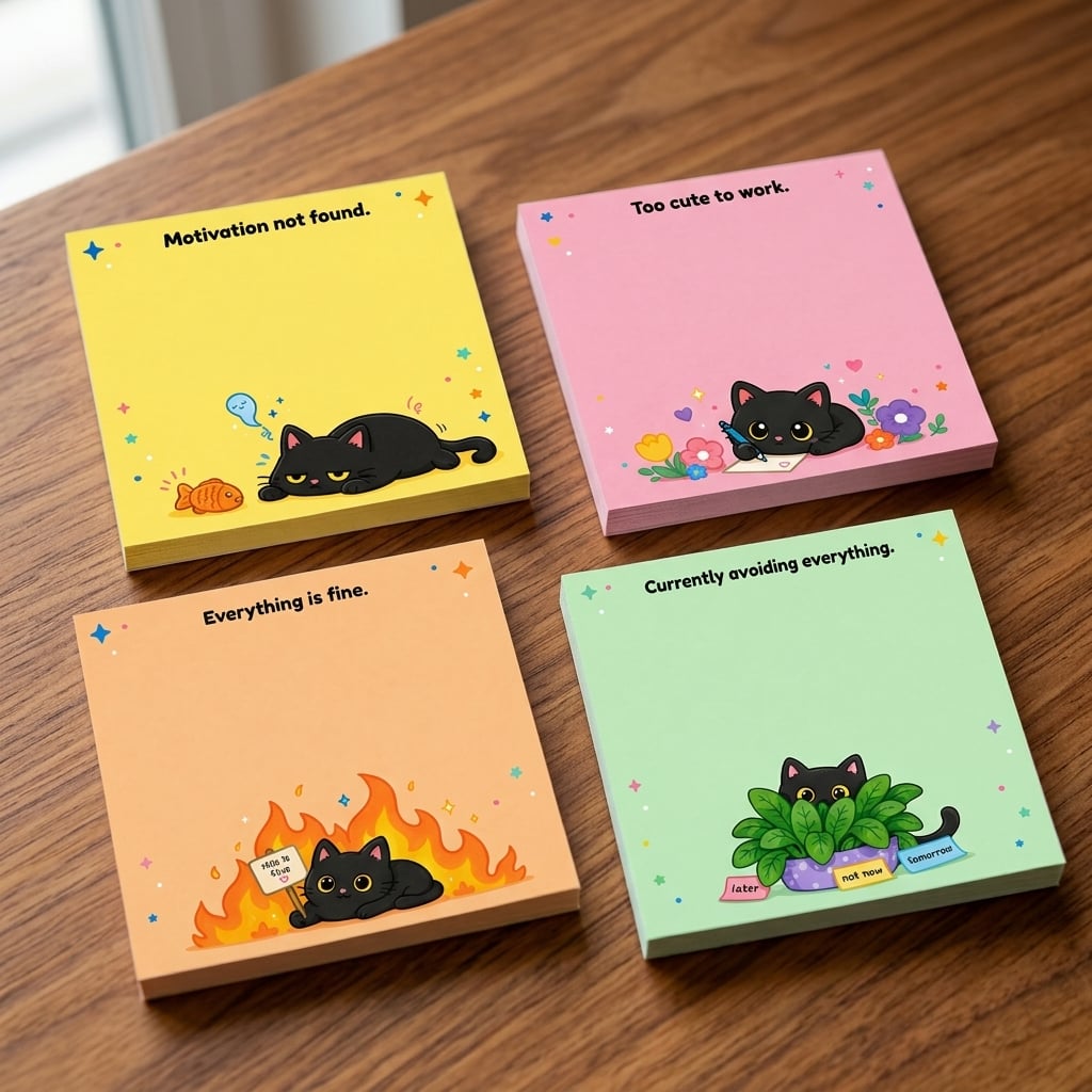 TEMU Funny Black Cat Sticky Notes 4-pack, 3x3 Inch 50 Sheets/pad Memo Pads For Office Coworker Gifts, Novelty Desk Additions For Cat Lovers, Humorous