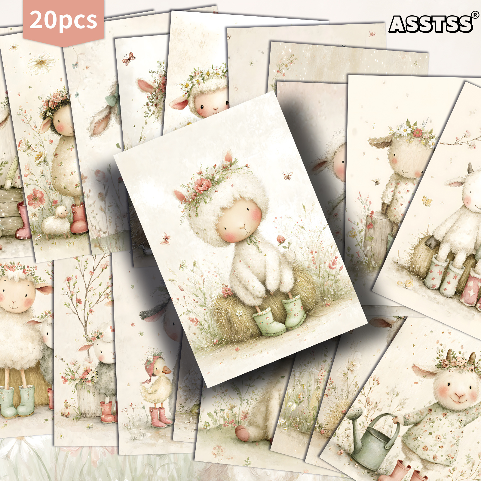 TEMU 20-pack Asstss Cute Lamb & Bunny - Cottagecore Gift Card - 4x6 Inches Junk Journal Paper Classic Pinup Illustrations Collectible Decorative