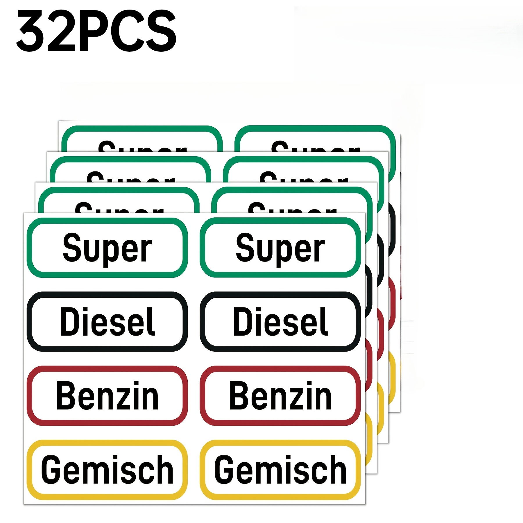 Image of 32 German Fuel Label Stickers, Measuring 2.36 X 0.79 Inches - Suitable For Gasoline, , Premium , And Fuel; Applicable For Cars, Motorcycles, Fuel Tank Caps, Chainsaws, And Lawn Mowers