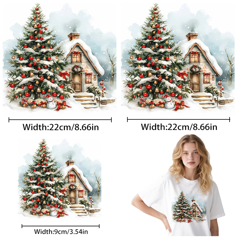 TEMU 3pcs Adesivi Termotrasferibili ad Definizione con Albero di Natale e Casetta, Toppe Fai-da-Te da Stirare, Facili da Applicare, Adattamento Senza