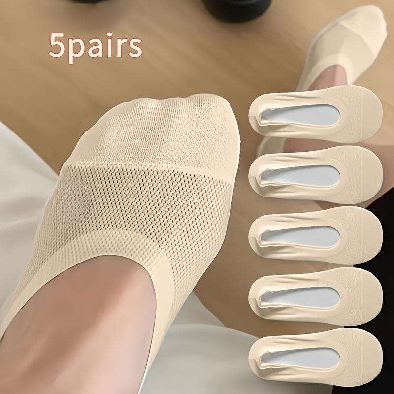 5-pair Suitable For Teen & Non-slip Socks - Breathable Mesh Athletic Footwear Suitable For Swimming, Sneakers, Gym, - Sole With Apricot/white Sole, , Hand Wash Care (for Teenagers), For Teenager