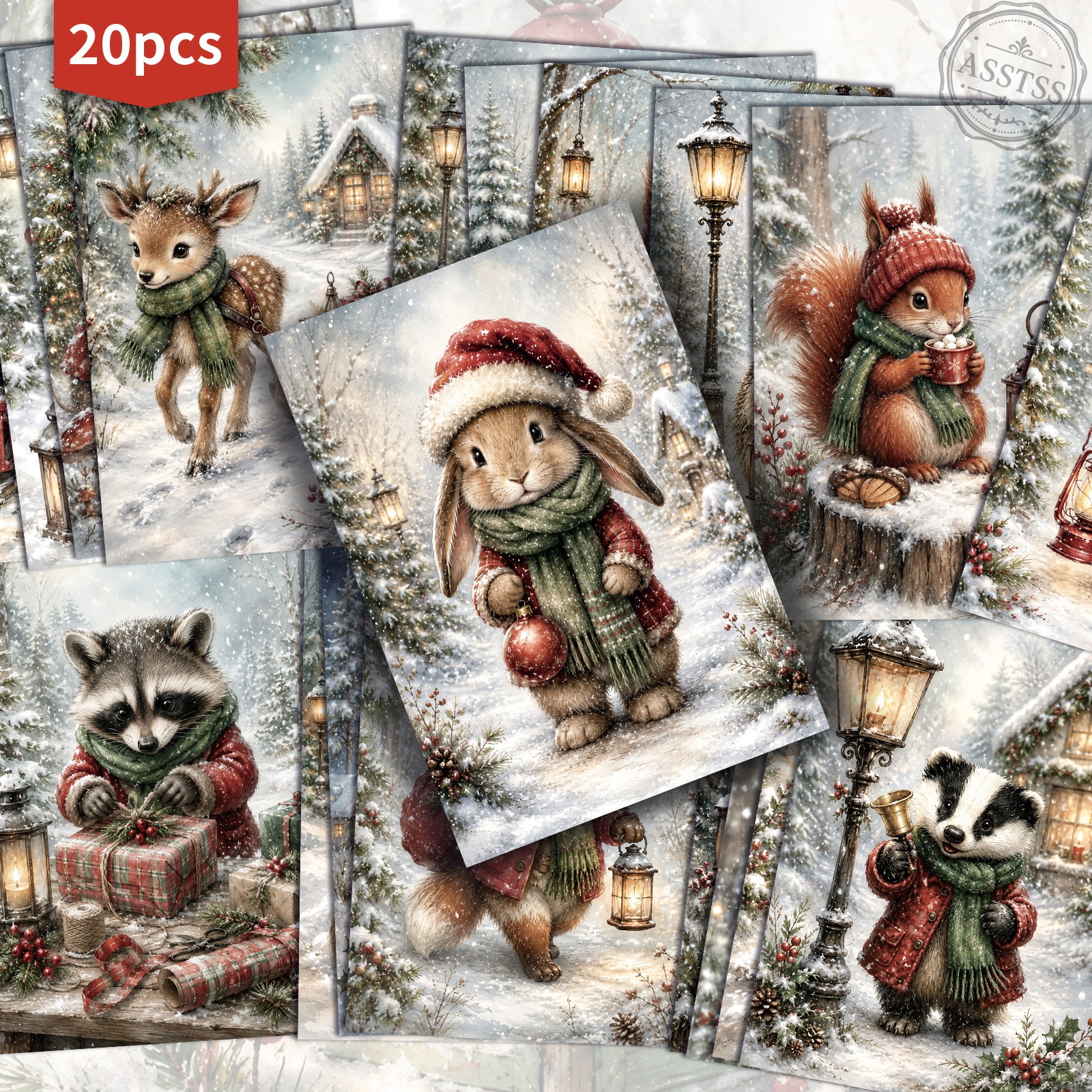 TEMU 20-pack Asstss Vintage Christmas Animals Postcards - 4x6 Inches Retro Junk Journal Supplies, Classic Pinup Illustrations Collectible Decorative