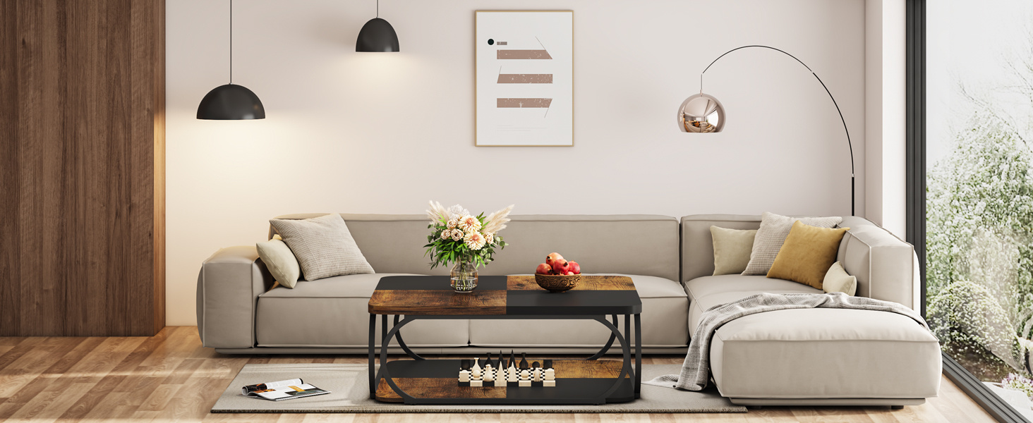 40-Inch Square Coffee Table Featuring Two Levels, Designed in a Farmhouse Style with a Wooden Storage Shelf And a Sturdy Metal Curved Frame, Perfect for a Contemporary Living Room