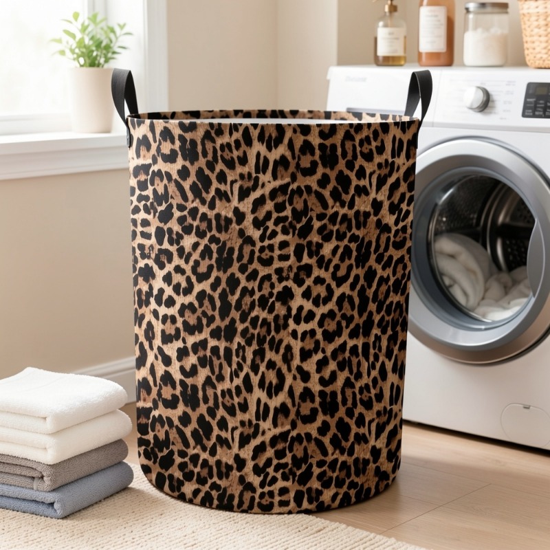 TEMU 1 panier à linge sale, motif imprimé léopard, panier de rangement avec poignée, fibre de polyester, panier à linge, décoration