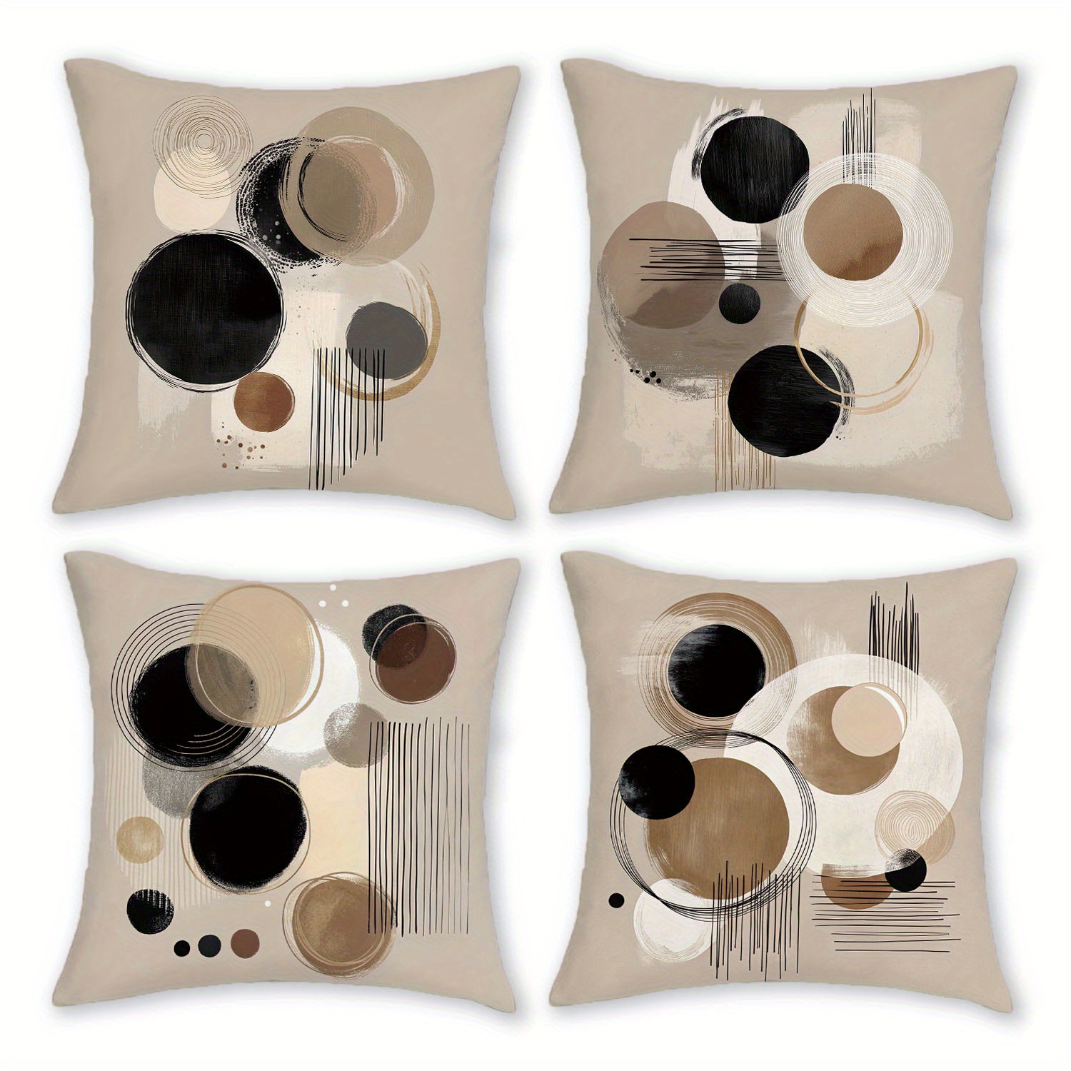 TEMU Lot de 4 housses de coussin rondes abstraites vintage - Housse de coussin douce avec motif rond moderne, ton taupe, avec fermeture éclair