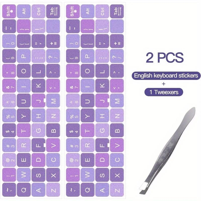 2pcs english keyboard stickers with tweezer, universal keyboard sticker purple background with white lettering keyboard letters replacement stickers for computer laptop notebook desktop - english details 1