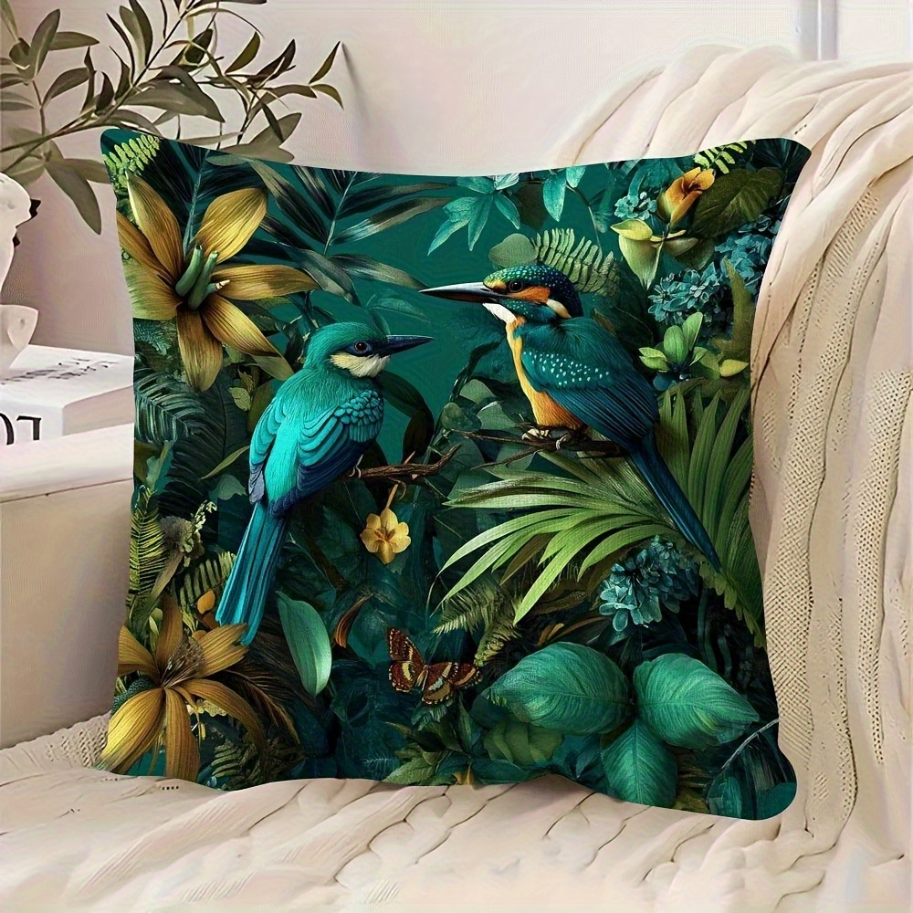 TEMU 1pc Bright Teal Bird And Floral Print Pillowcase, 2d Flat Print, Polyester, Zipper Closure, Machine Washable - Suitable For Sofa, Chair, Bed, ,