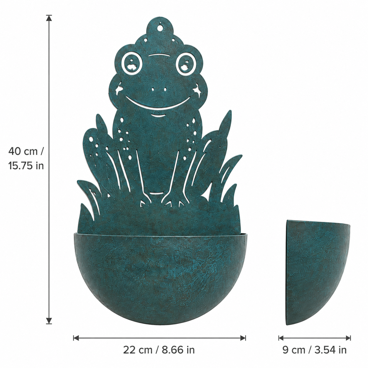 Image of Green Metal Frog Wall Planter, Hanging Half-round Flower Pot With Pond For Garden, Patio, Fence And Outdoor Wall Decor, Rustic Animal Plant Holder