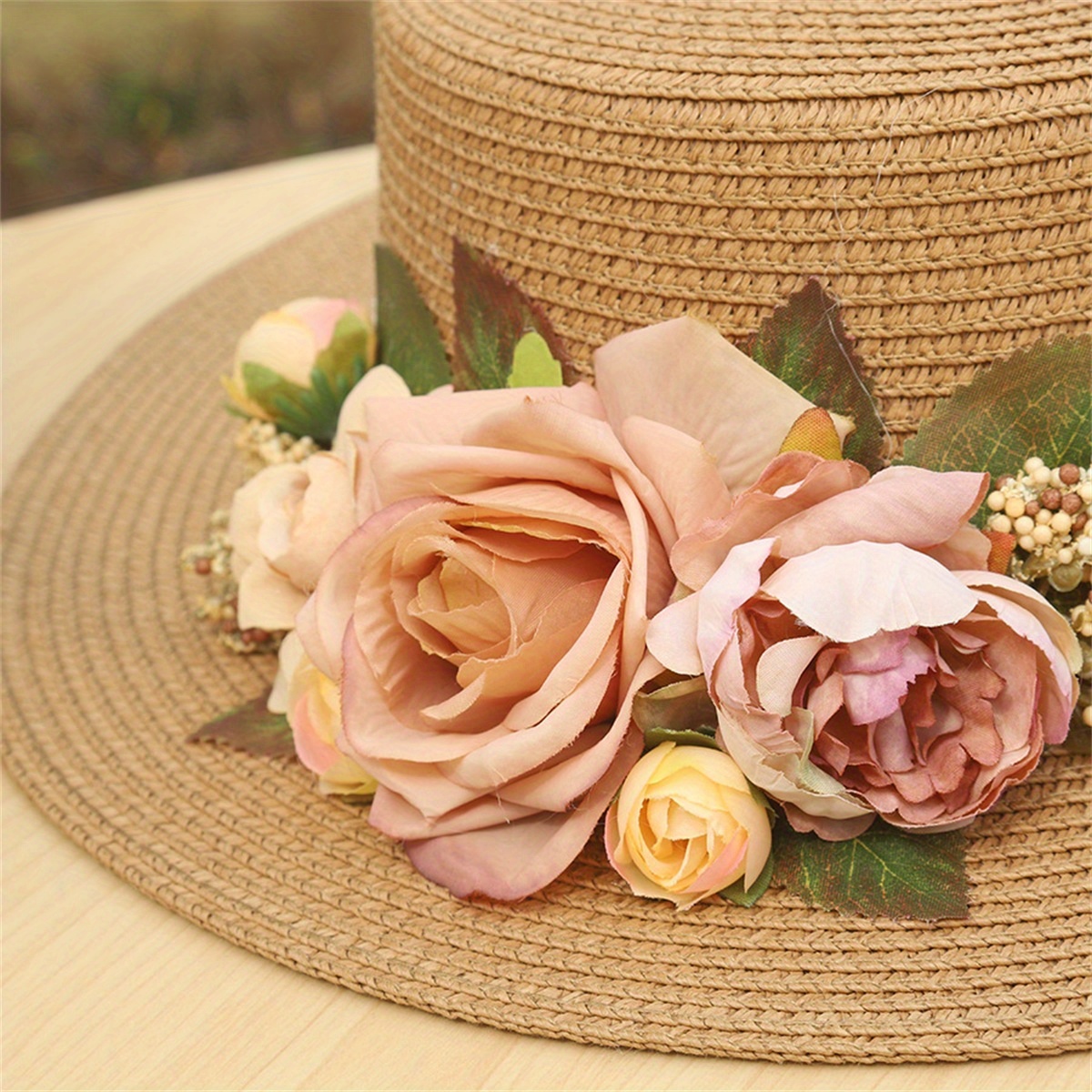 women straw hat elegant 3d rose flower wide brim lace hat - Temu display picture 2