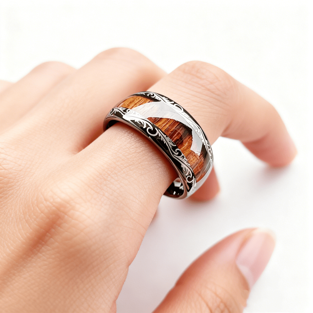 Men's Black Tungsten Carbide Ring with Real Wood Inlay