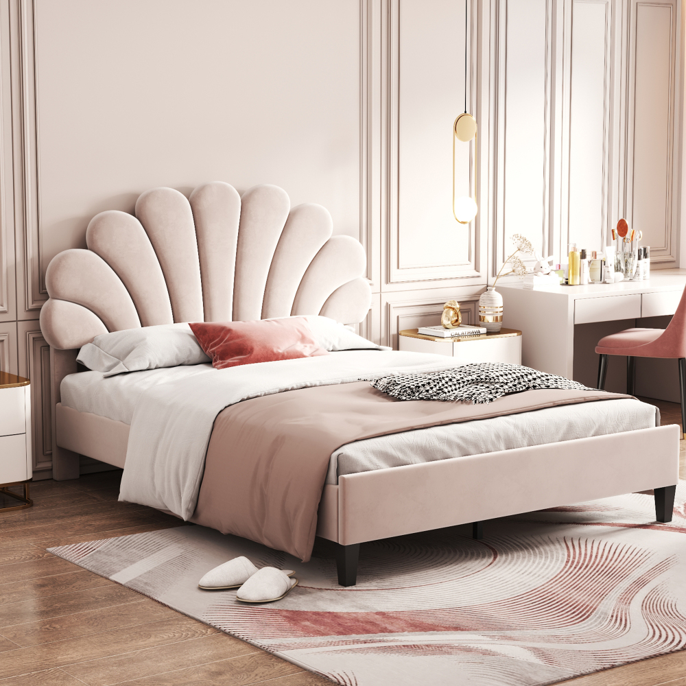 TEMU Double Upholstered Bed Measuring 140 X 200 Cm, Featuring A Floral Headboard And A Slatted Base, Suitable For Adults And Teenagers, Made From