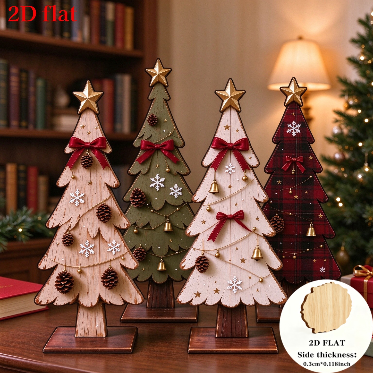 TEMU Ornements de sapin de Noël en bois 2D plats, 4 pièces, pleins de fête pour de Noël. Peuvent être placés du salon, de bureau, de salle à manger,