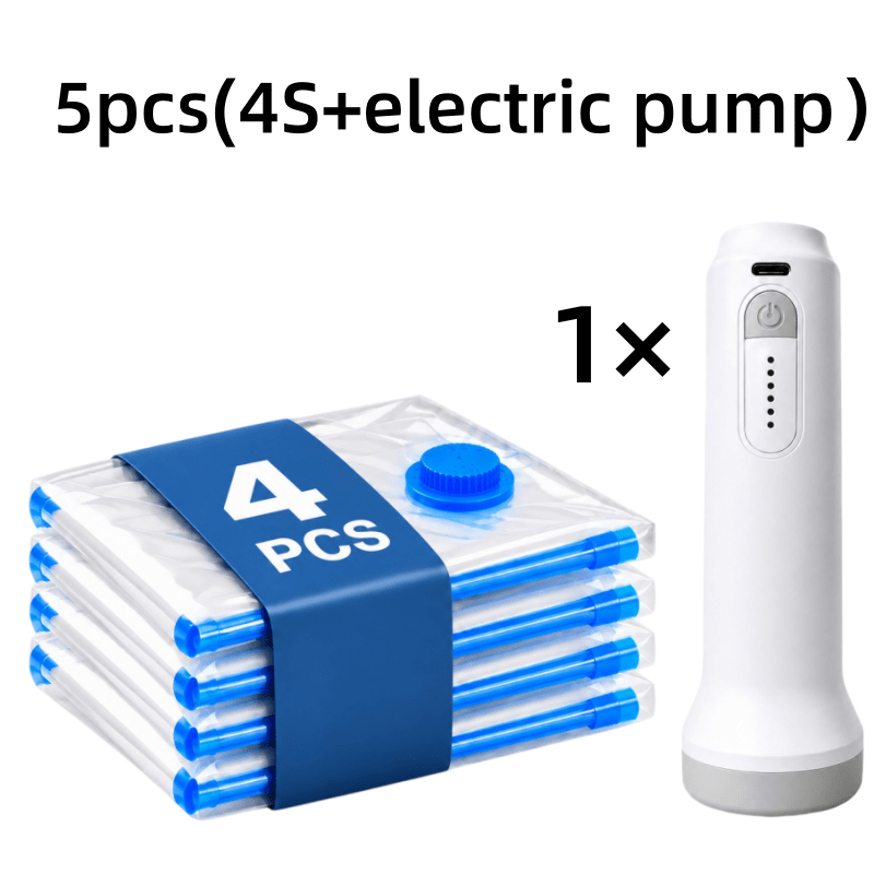 TEMU Lot de 5 sacs de compression sous vide + Pompe à air électrique USB, 1500 mAh rechargeable, sacs de rangement sous vide de plusieurs tailles,