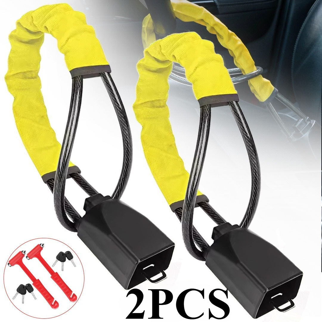 TEMU 2pcs Car Steering Wheel Anti-theft Steel (with Window Breaker Hammer), Steering Wheel Lock With Keys, Seatbelt Lock, This Car Lock Is Equipped