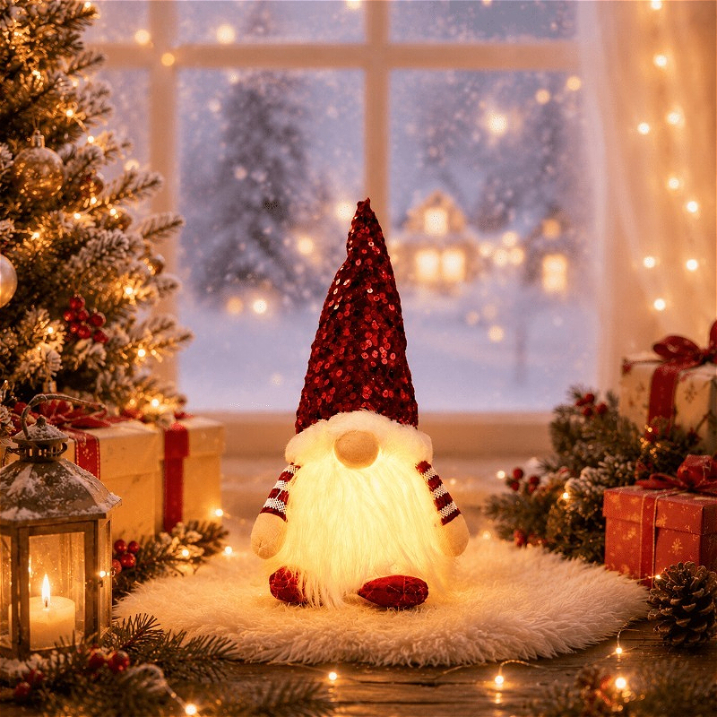TEMU Poupée Lumineuse de Noël - Rose/Rouge/, Ornement de Présentation de Noël, Poupée de Noël à Paillettes Lumineuses, Poupée de Noël Visage de