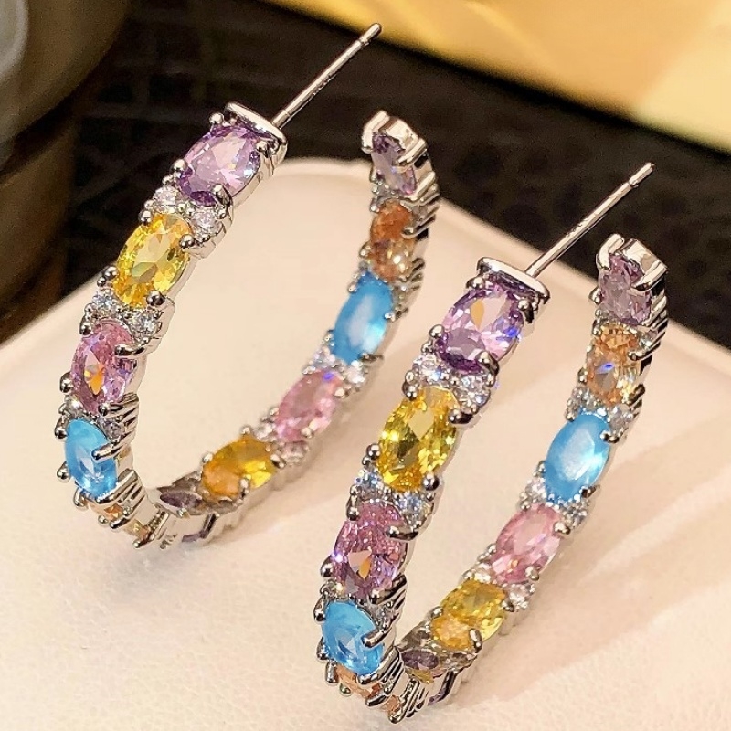 TEMU Pendientes de aro grandes de circonita sintética multicolor incrustada de lujo personalizados, adecuados para banquetes de mujeres, fiestas,