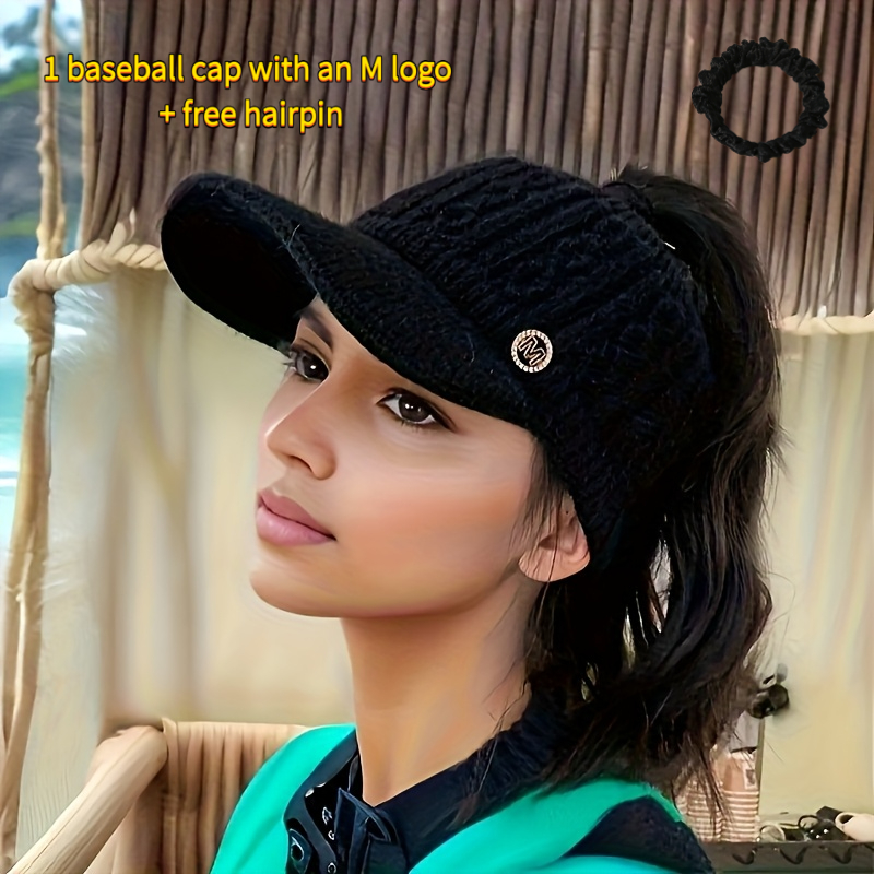TEMU 2pcs, 1 M Letter Baseball + Tie, Winter Open Bun Hat With Ear Flap, Thickened Elastic Hat, No Feathers, Washable Polyester Quick-release Hat, 5