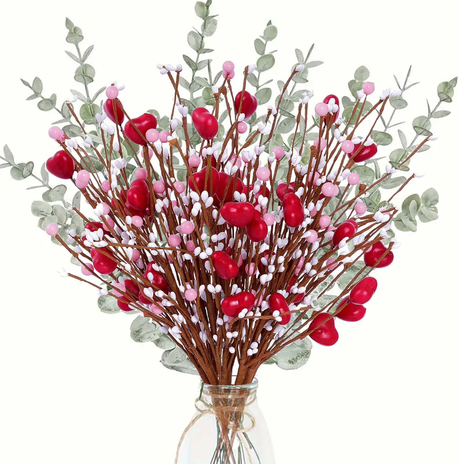 

22pcs Valentine's & Day Artificial Flower Bouquet - Heart Berry & Eucalyptus Stems, Wedding & Home Decor, Battery-free, Bouquet Accessories